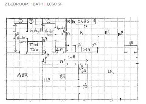 A floor plan of a 2 bedroom, 1 bath home at 1,060 square feet.